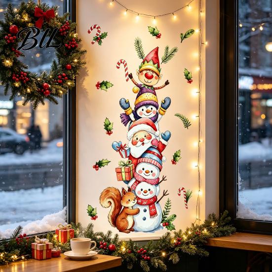 Watercolor Christmas Decor Wall Stickers with Snowman Santa Claus Elf Patterns, Peel And Stick Cartoon Decals for Windows Glass Doors, Self-Adhesive