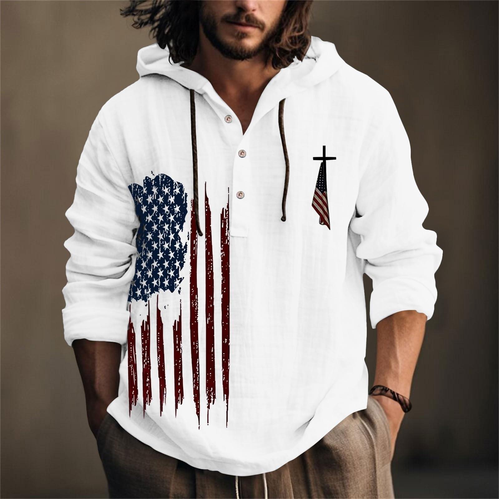 

День Незалежності Друкована Чоловіча Бавовняна та Лляна Сорочка З Капюшоном З Довгим Рукавом З Капюшоном Весна І Літо Повсякденний Одяг S білий
