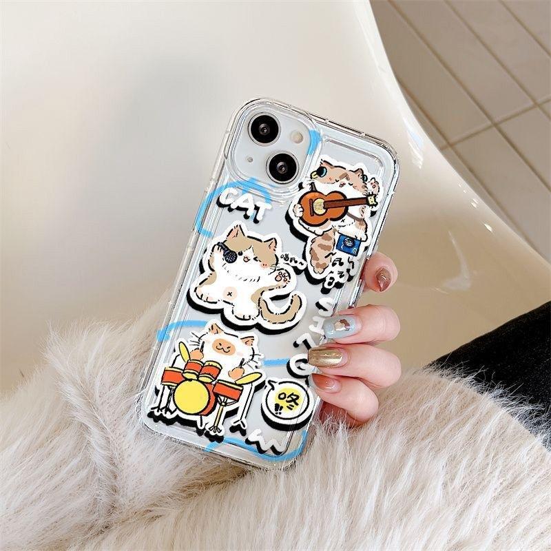 Rock music cat iPhone16promax mobile phone case Apple 14 transparent 13/15 fine hole anti-drop 11