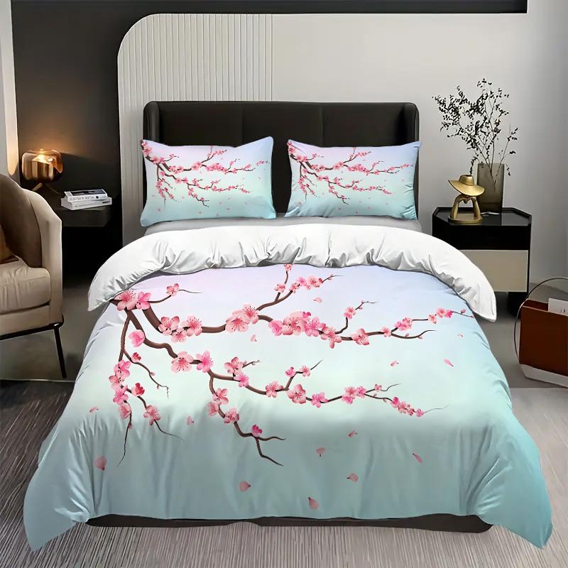 

Red Cherry Blossoms 3D Printed Quilt Cover Rustic Floral Style Polyester Duvet Cover Soft Comfortable Bedding Set Pillowcases 135x200cm 2pcs