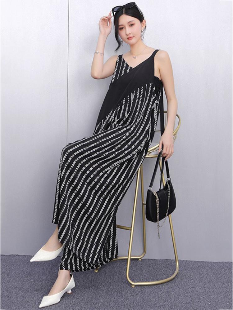 Xitao Patchwork-Streifen Weitbein-Jumpsuit GYX1555