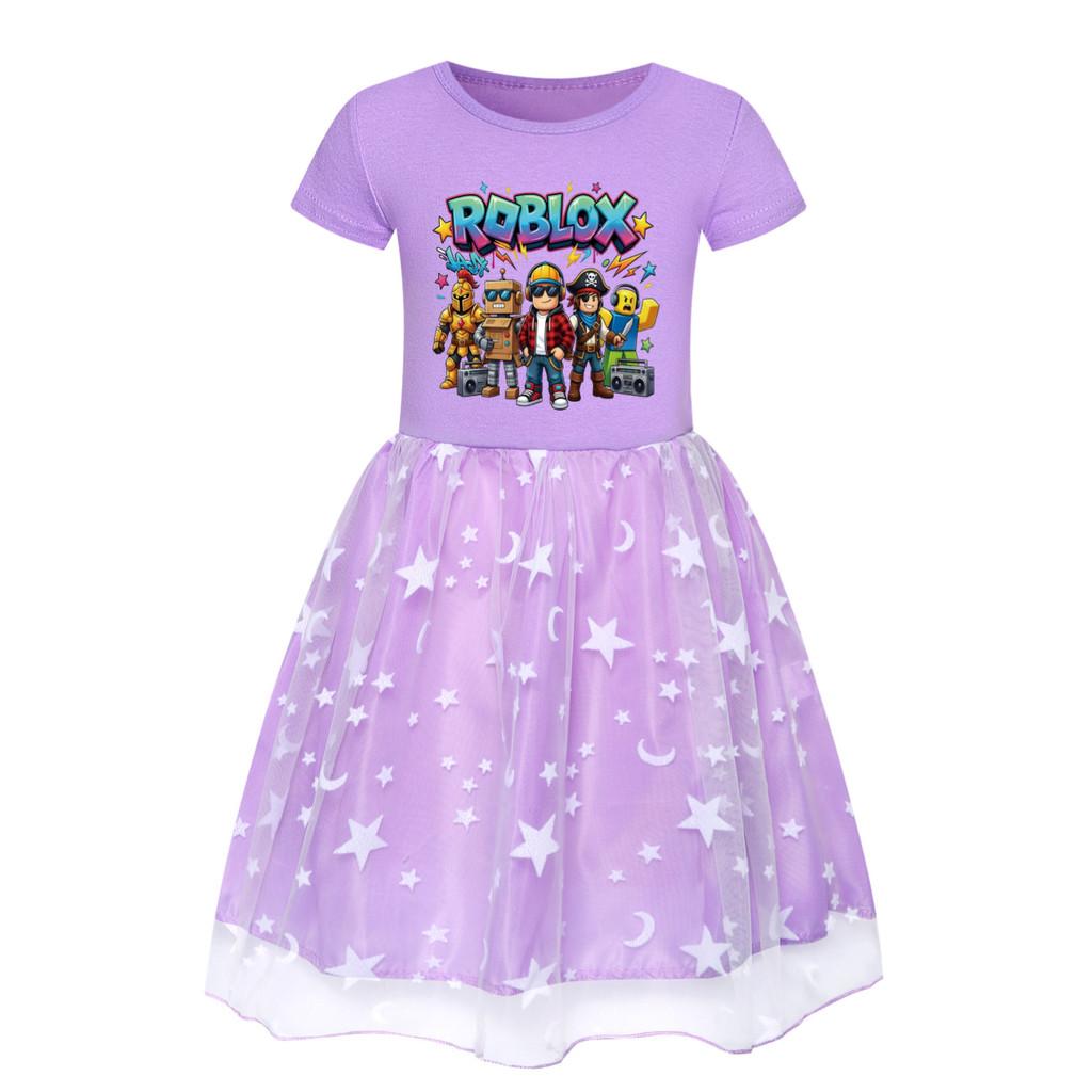 5574 Kid Girls Casual Roblox Game Printed Mesh Rainbow Dress