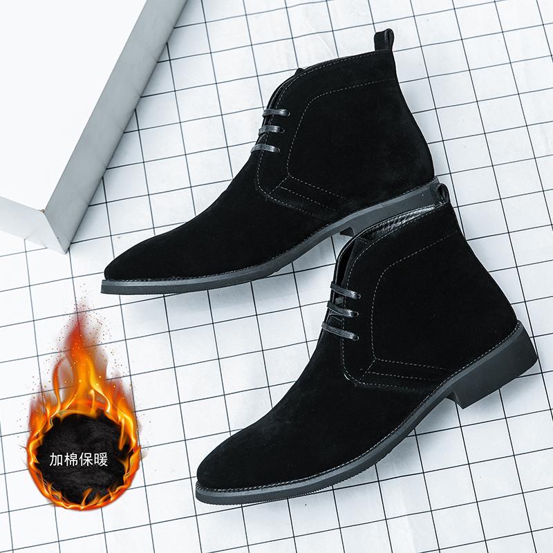 Modische, spitze Herrenstiefel aus Wildleder mit hohem Schaft, klassische schwarze Schnürstiefel und warme, flauschige Kurzstiefel für Herbst und Winter