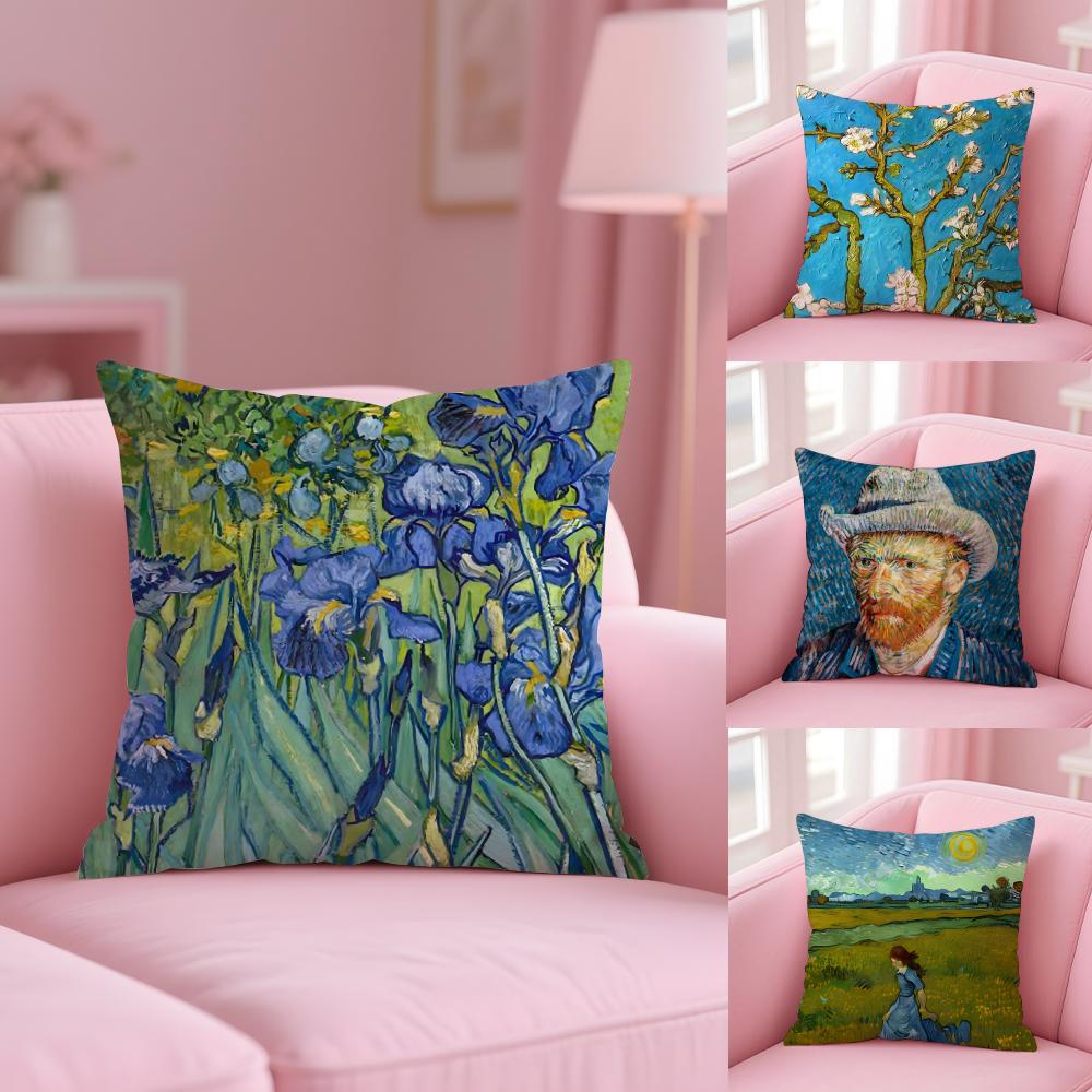 Van Gogh Oil Painting Cushion Cover Plush Fabric Soft Double-Sided Printed Sofa Warm Winter Home Gift Cushion Cover