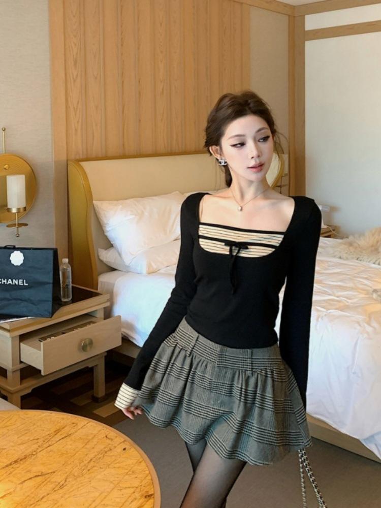Quadratischer Ausschnitt gestreiftes T-Shirt im koreanischen Stil: Baumwolle Modal 260g, Schlankmachend, Figurschmeichelnd, Süß & Würziges Mädchen Top