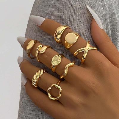 9Pcs/set Gold Color Smooth Geometric Open Rings Set for Women Men Exaggerated Metal Irregular Adjustable Rings Zircon Gifts