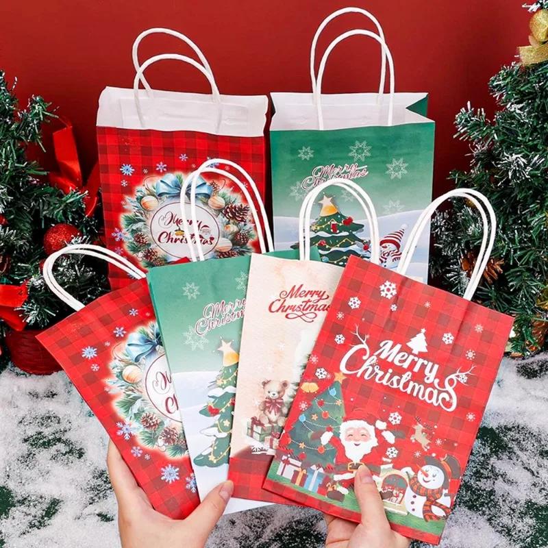 Kraft Paper Bag Christmas Packaging Gift Paper Handbag Santa Claus Snowman Pattern Merry Christmas Home Party Decor Candy Sack
