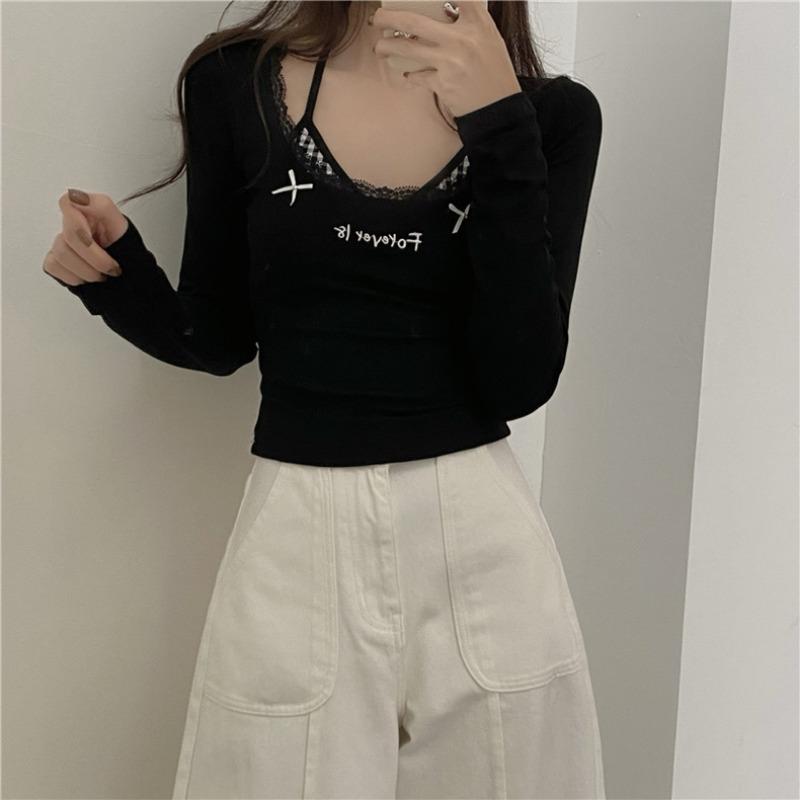 Tricou cu mânecă lungă din raion, toamnă și iarnă, nou, slăbire, tricou de jos, este umăr scurt, Spice Girl în interiorul topului fals, două piese