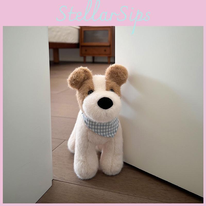 Blue Cute Checkered Scarf Plush Dog Doll Children Toy For Room Decoration
