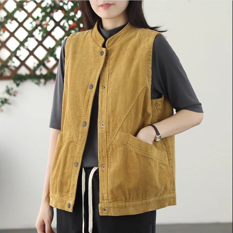 Retro Corduroy Vest Women's Spring and Autumn Outerwear Literary Casual Versatile Loose Sleeveless Vest Jacket Collar Single Breasted Sleeveless Vest