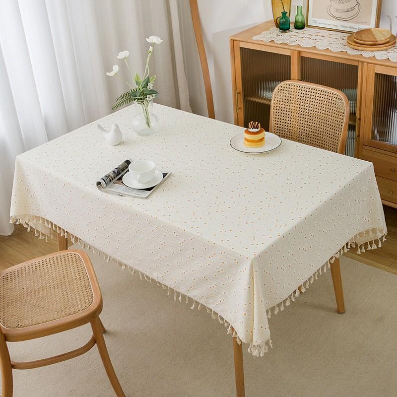 Tassel Trim Linen Floral Tablecloth Daisy Pattern Pastoral Style Tea Table Cover Lightweight Fresh Table Cover