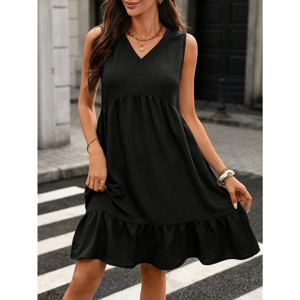Sleeveless V Neck Ruffle Hem Dress with Pockets Casual Loose Fit Summer Sundress for Women Lightweight Fabric