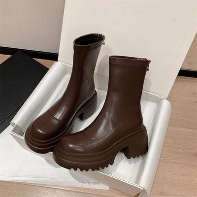 Thick Heel Platform Martin Boots Women's British Style New Autumn and Winter Elastic Small Brown Short Boots