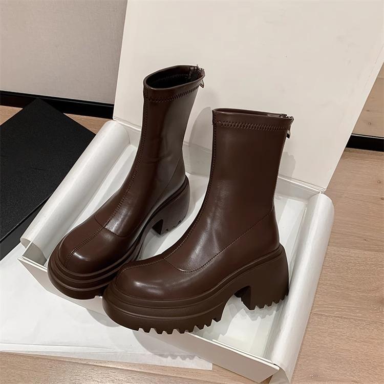 Thick Heel Platform Martin Boots Women's British Style New Autumn and Winter Elastic Small Brown Short Boots