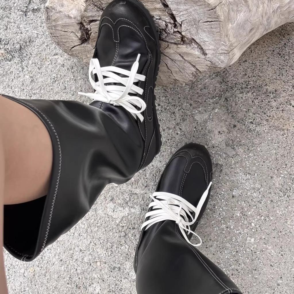 Cowhide Version~ Genuine Leather Retro Straps But Knee Boots Women's British Style Thick Heel Pleated Stack Wide Tube Knight Boots