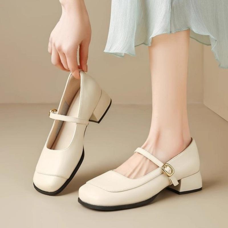 Spring Summer Women s French Style Shoes - Square Toe Chunky Heel Shoes with Metal Buckle Ankle Strap Leather Shoes 34EU/CN35