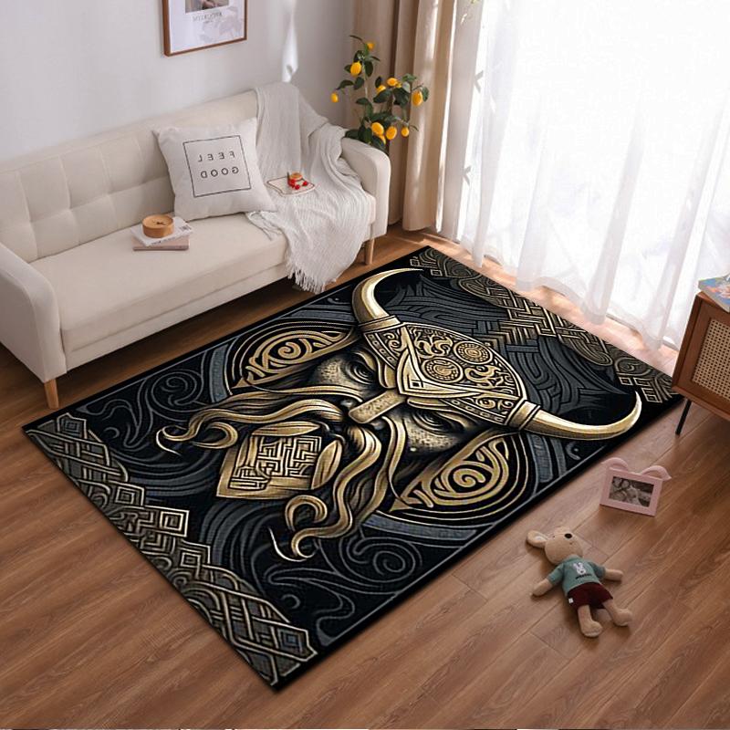 Nordic Viking Horned Helmet Pattern Carpet, Black and Gold Decor Suitable for use as an anti-slip for living room bedroom sofas