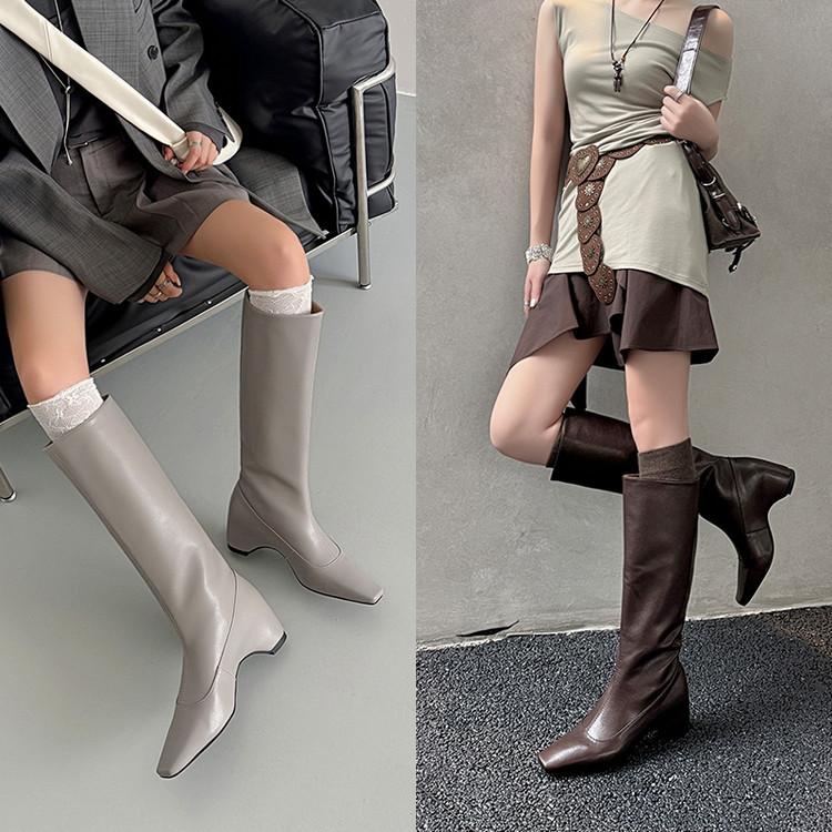 Niche square head thick heel soft leather high trouser boots fried street hot girl height increase white but knee knight boots