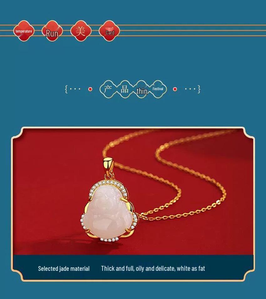 S925 Sterling Silver Hetian Jade Maitreya Buddha Necklace - Women's Trendy Ancient Style Clavicle Chain Pendant
