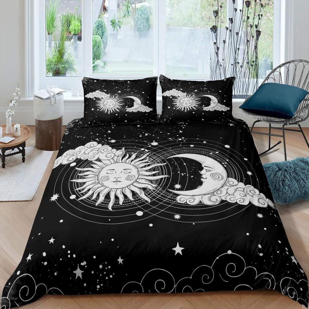 Comforter Sun Moon Queen Bohemian Black And White Print Yin Yang Comforter Galaxy Star Twin Bedding Set