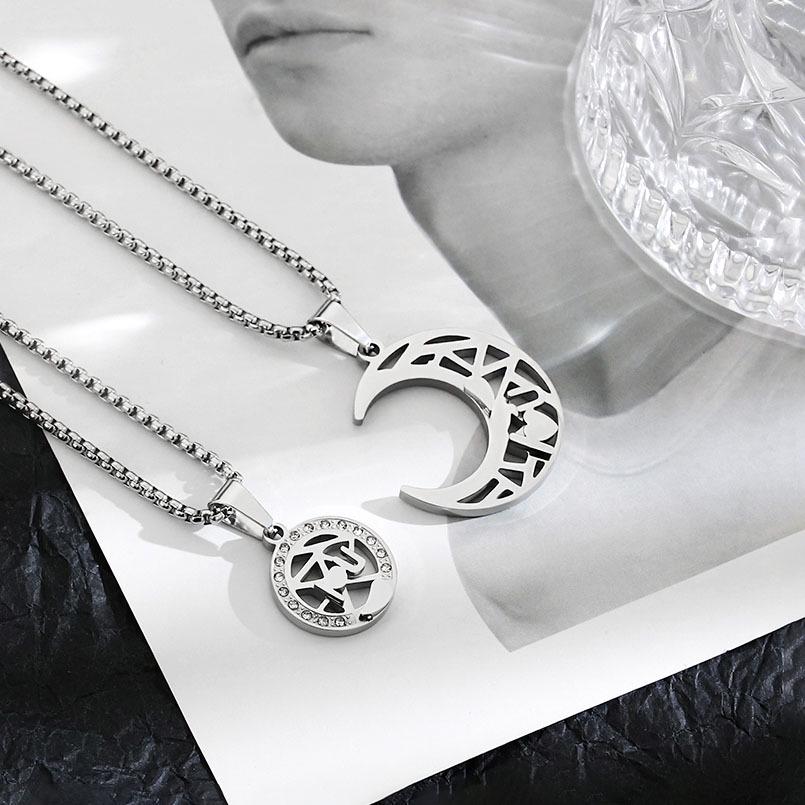 Dewu Sun Moon Pendant Necklace - Heart Stitch Design in Titanium Steel for Men and Women, Perfect Couple Gift.