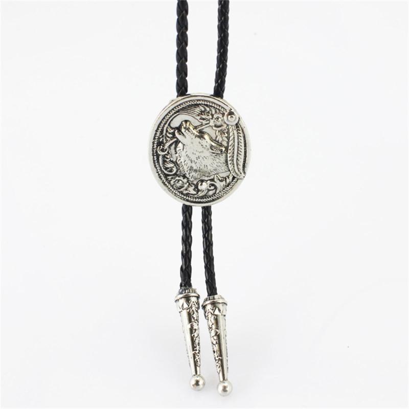 Cravată Bolo Vintage Cowboy Occidental Sfoară din Piele Împletită Handmade Colier Cravată Bolo Cap de Lup Metalic cu Pandantiv cu Pene