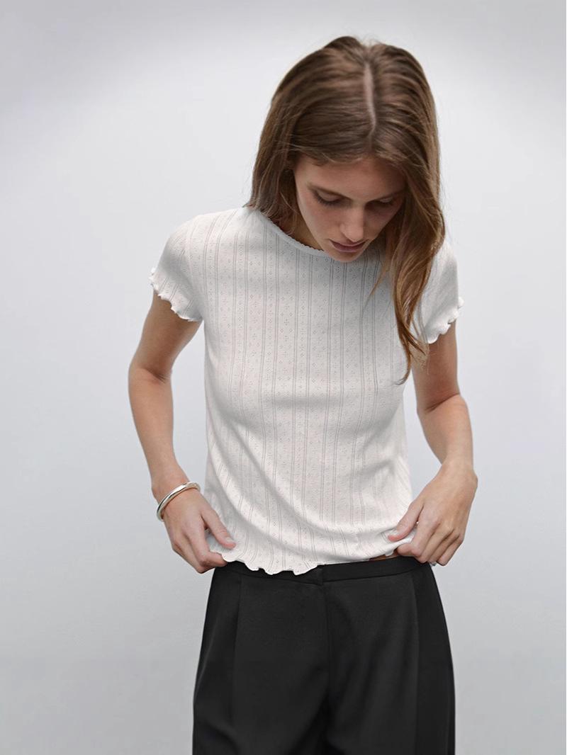 

2025 Women s Spring/Summer French Hollow-Out Skin-Friendly Ruffle Trim Short Sleeve Slimming Top M белый
