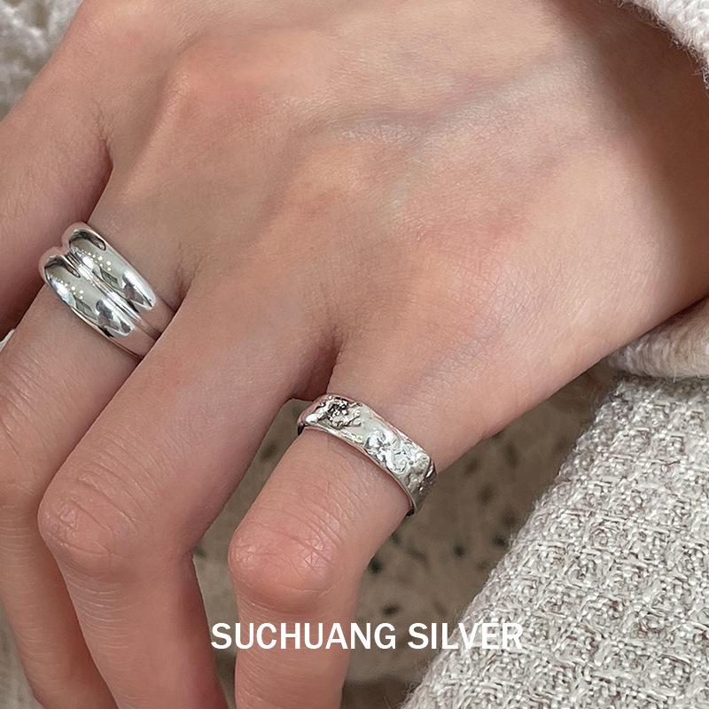 Su Chuang S925 Sterling Silver Textured Open Ring for Women - Versatile High-End Stacking Design