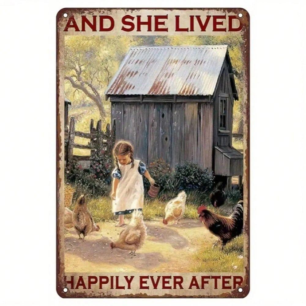Retro Metal Tin Sign Farmhouse Decor Girl with Chicken Wall Art