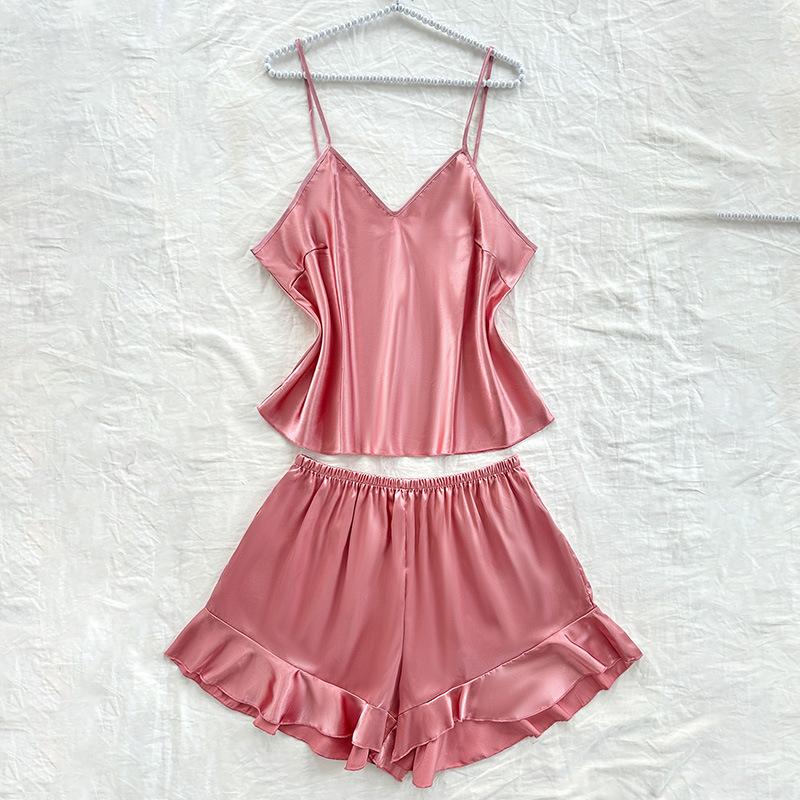 Large-sized Women's Ice Silk Home Wear, Simple and Thin Imitation Silk Pajamas, Fashionable Lace-up Casual Pajamas