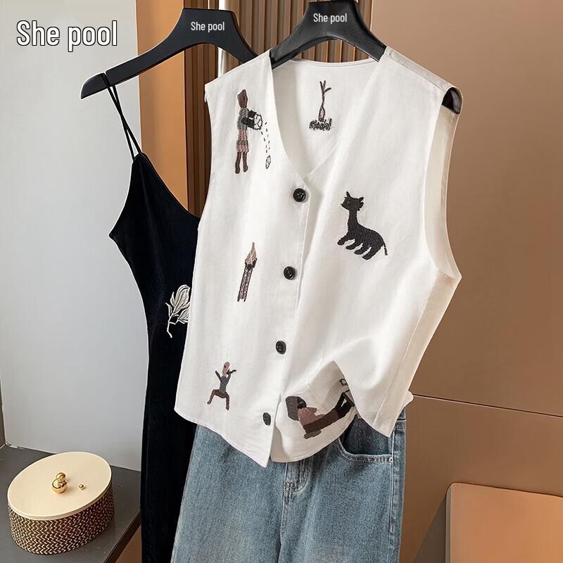 Women s Cartoon Embroidered Linen V-Neck Vest L