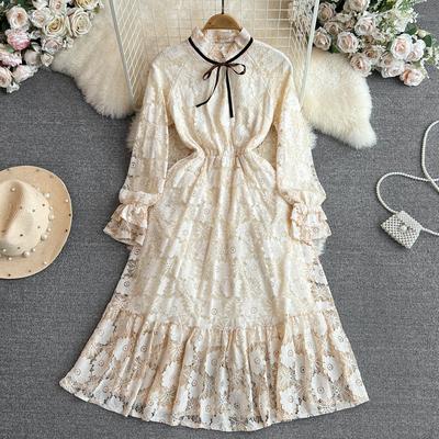 Spring Autumn Women Vintage Stand Collar Beige Color Full Sleeve Casual Dresses