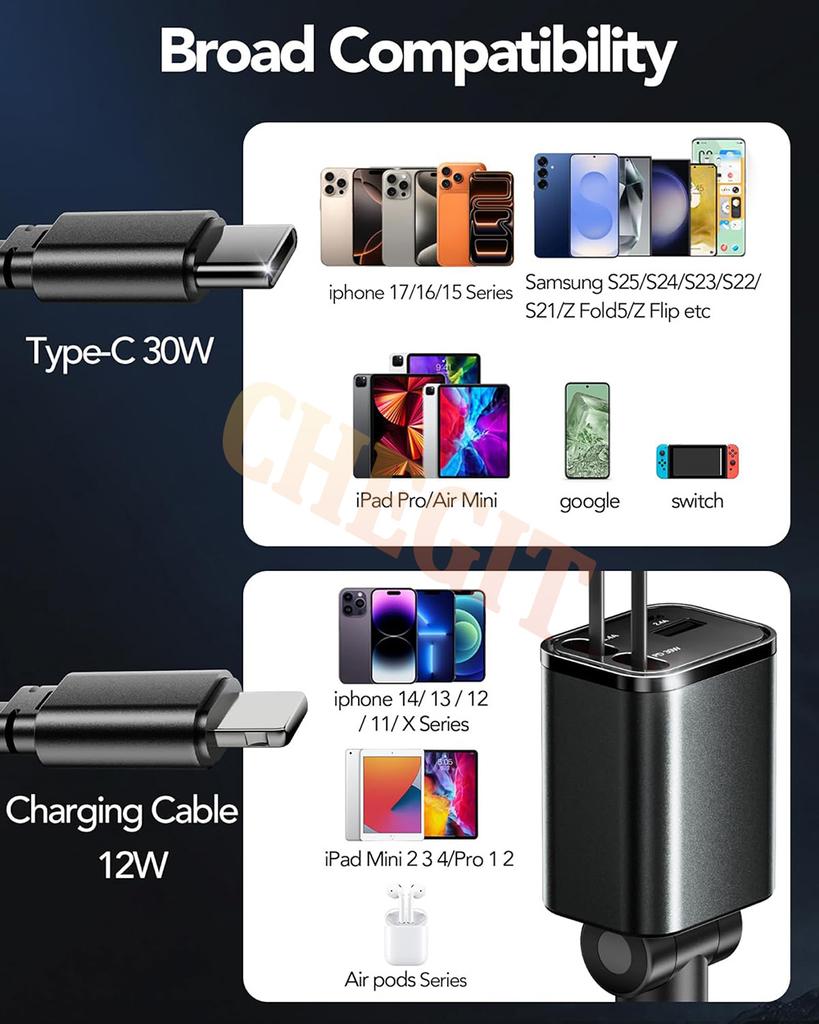 New Arrival 4 IN 1 Retractable Car Charger USB Type C Cable For IPhone Samsung Fast Charge Cord Cigarette Lighter Adapter