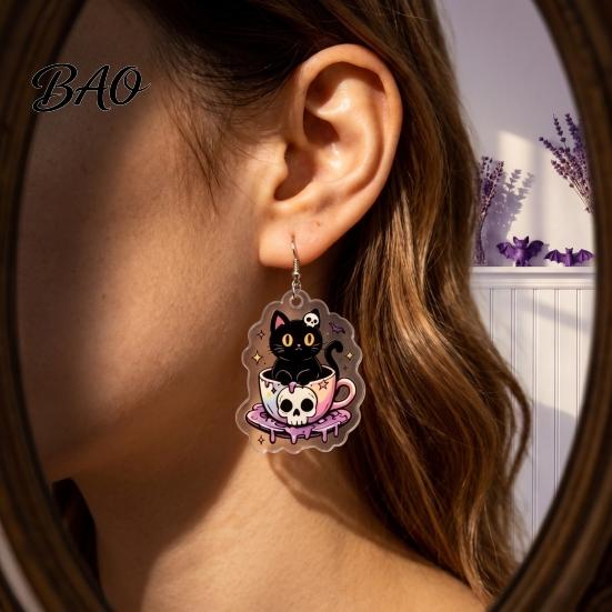 Skull Teacup Pendant 1 Pair Halloween Earrings for Women, 2D Acrylic Black Cat Women Dangle Drop Earrings, Gothic Cartoon Jewelry Party, Daily