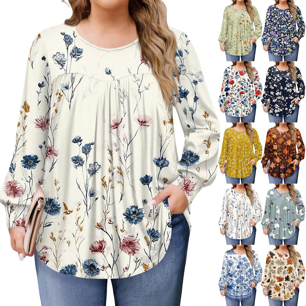 Womens Plus Size Tops Long Sleeve Shirts Round Neck Flowy Tunic Casual Loose Blouse L-5X