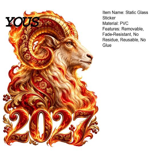 Store Window Ornaments 2027 Zodiac Sheep Static Clings, Red Russian New Year Glass Decals, Seasonal Decals Reusable No Residue Stickers for Home Shop
