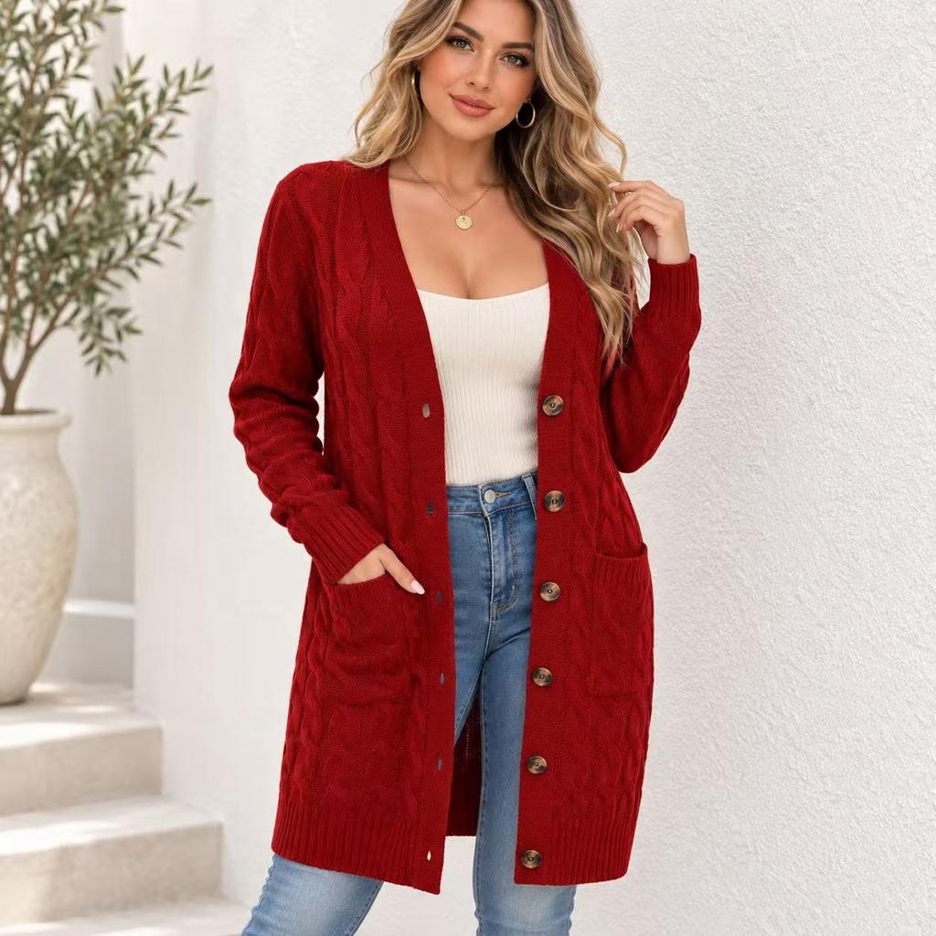 Cardigan lavorato a trecce da donna con scollo a V, chiusura a bottoni, maniche lunghe, lunghezza media con tasche