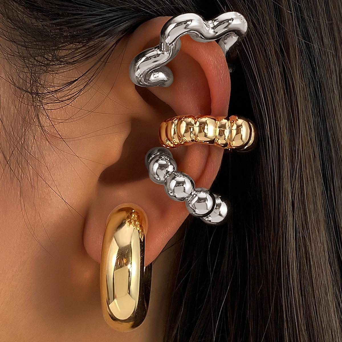 Punk Gold Silver Color Resin Clip Earring for Women Geometric Round Bead No Piercing Fake Cartilage Ear Cuff Jewelry Accessories