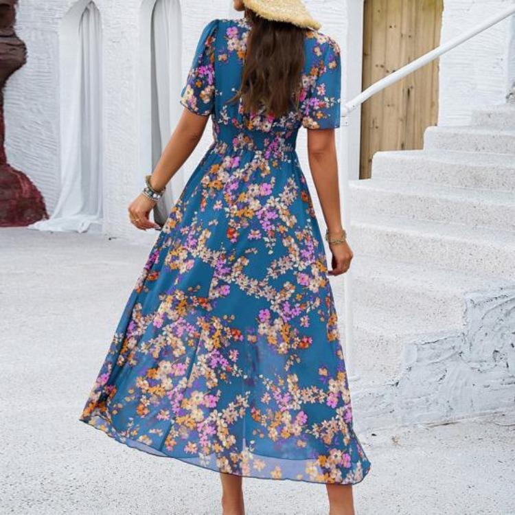 Boho Floralprint Maxikleid für Damen Sommer Strandsonnenkleid mit tiefem V-Ausschnitt Rüschenkurzarm Chiffon Langes Freizeitkleid