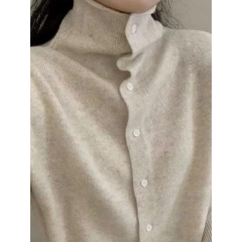 Women's High Neck Cashmere Cardigan - Autumn/Winter Korean Style, Solid Color, Warm & Versatile Wool Sweater
