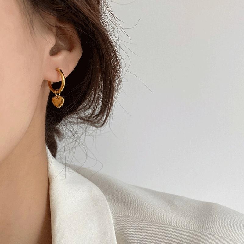 Stainless Steel 2024 Gold Color Love Heart Hoop Earrings Sweet Pendant Ear Accessories Fashion Metal Gift For Girlfriend