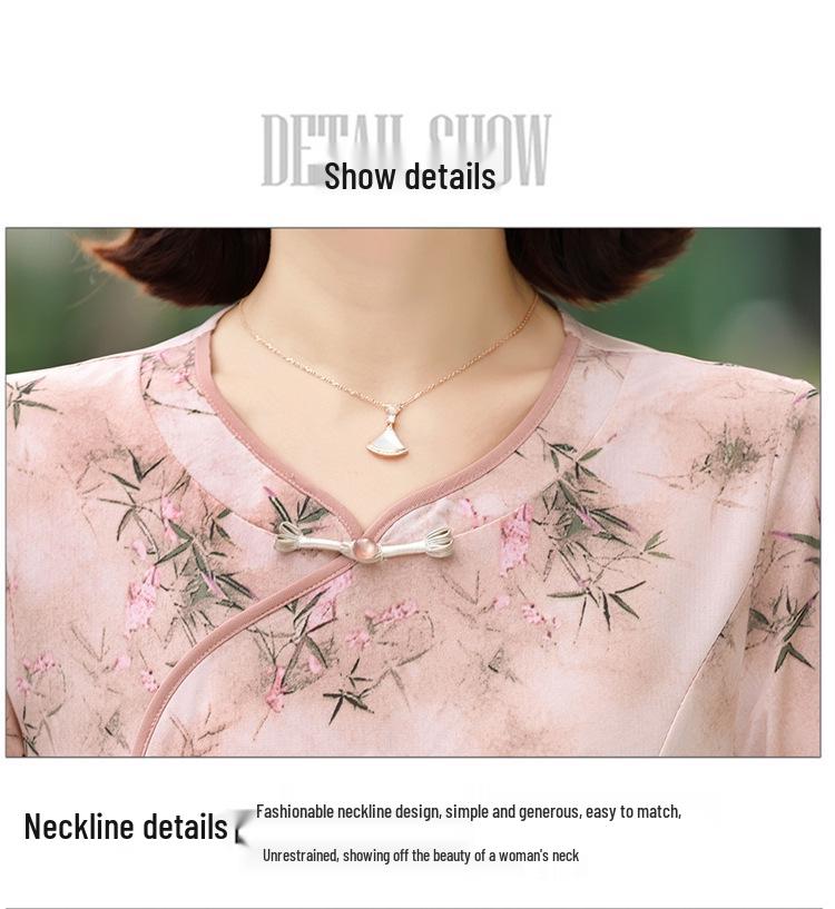 2025 Elegant Printed Short-Sleeved Qipao Dress for Middle-Aged and Elderly Women - Summer Wear