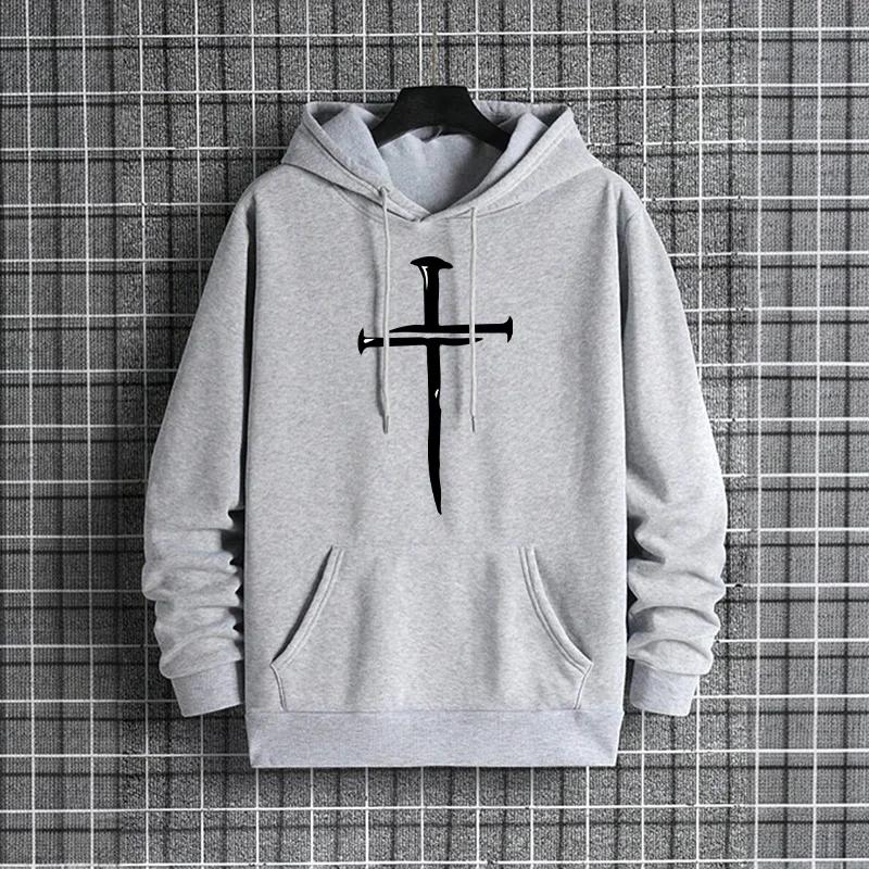 Cross Print Mens Casual Hoodies 2025 Urban Streetwear Fashion Hip Hop Hooded Sweatshirt Male Trendy Street Style Hoody