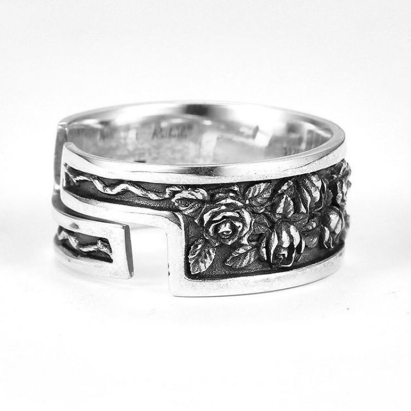 Adjustable Open Ring Couples With Vintage Rose Design Sterling Unisex Retro Fashion Jewelry