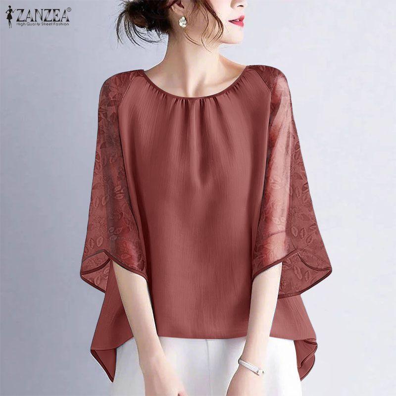 ZANZEA Kvinner Casual Mesh Spleis 3/4 Erme Løs O-hals Bluse