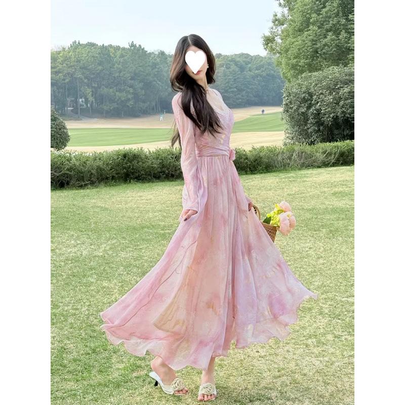 Fresh peach pollen temperament tea break dress lace dress French floral vacation pink spring and autumn dress