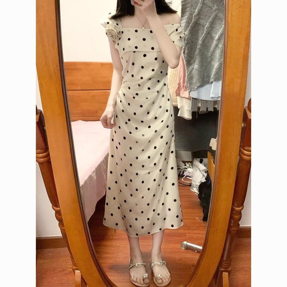 2026 Summer French Apricot Polka Dot Dress: Waist-Cinched, Hip-Hugging Long Style for Girls & Women