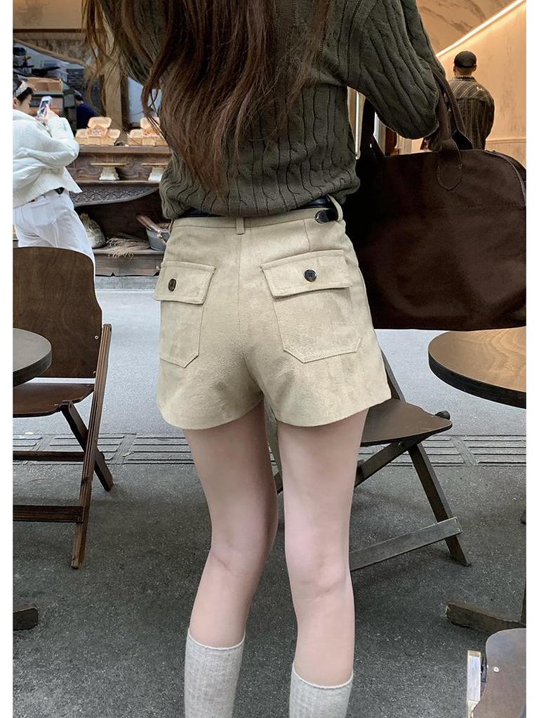 Women's 2025 Retro Suede Wide-Leg Shorts - Casual Winter Bootcut with Large Pockets