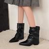 Krazing Pot Cow Skin Winter Square Toe Size 42 Square Heels Metal Buckle Women Zipper Chelsea Boots Women Pleated Decoration Ankle Boots