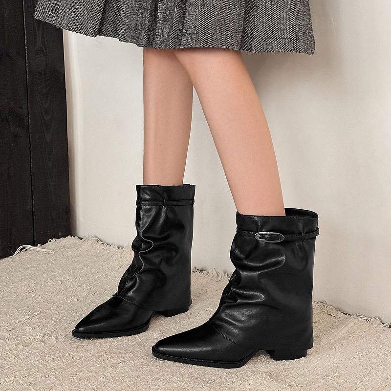 Krazing Pot Cow Skin Winter Square Toe Size 42 Square Heels Metal Buckle Women Zipper Chelsea Boots Women Pleated Decoration Ankle Boots